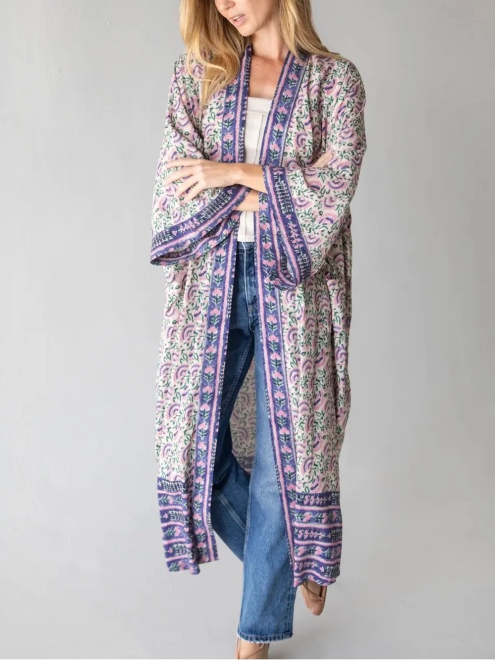 Natural Life Camila Kimono Pink Purple Floral Long Flowy L/XL Hippie Bohemian